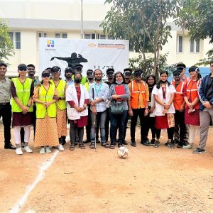 Doctors & Staff from Sankara Eye Hospital blindfold themselves with blind footballers from Equibeing Foundation for  eye cancer awareness